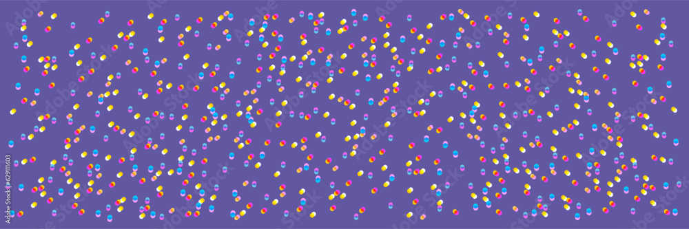 Horizontal polka dot background with shifted elements, color glitch. The lilac background color is an example. Vector.