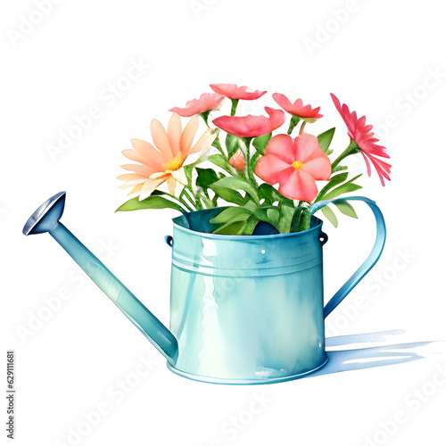 blue watering can with pink flowers