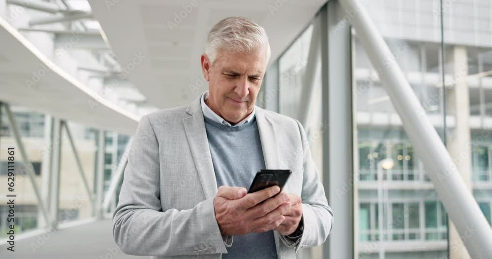 Phone, walking and senior business man in office online for communication, networking and internet. Corporate manager, technology and male person on smartphone for mobile app, website and email Phone, walking and senior business man in office online for communication, networking and internet. Corporate manager, technology and male person on smartphone for mobile app, website and email