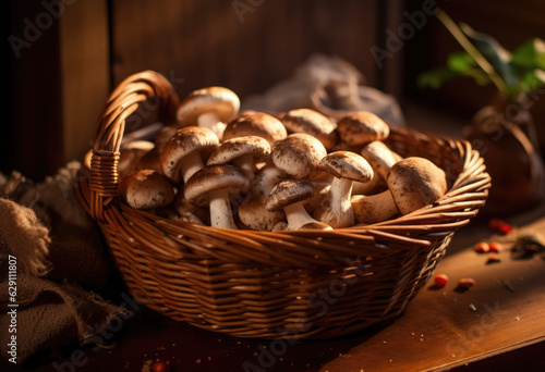 Mushroom Medley. Basket of Various Sizes and Colors of Mushrooms. AI Generative