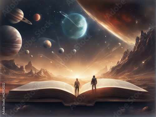 Open book from which humanoids, planets and spaceships emerge.