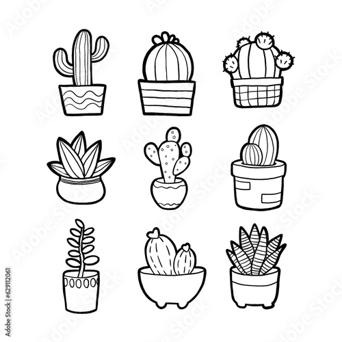 Doodle set cartoon cactus nursery decoration, black line hand drawn for coloring and any design. Vector illustration of kid art.