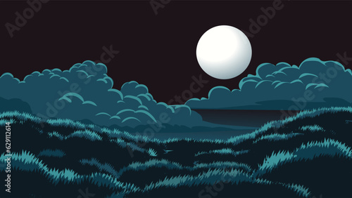 Vector illustration of full moon over grassland with clouds