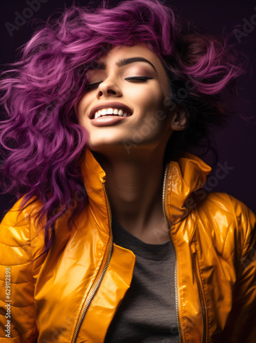 Studio closeup of a young woman with a colorful wavy hair and a yellow jacket posing for the camera. Generative AI.