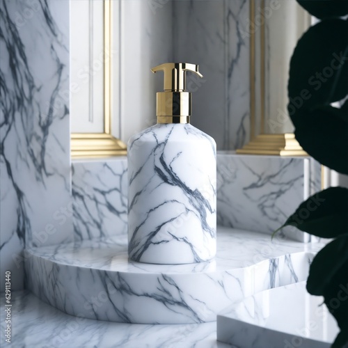 A bottle of bodylotion in a luxurious marble bathroom, with a hint of steam in the air. photo
