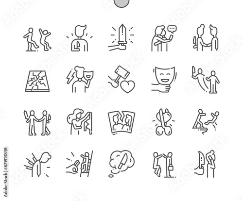 Betray. Divorce, bad deal, revenge, fake. Broken heart. Stabbed. Pixel Perfect Vector Thin Line Icons. Simple Minimal Pictogram
