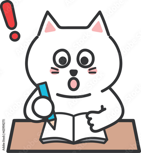 White cartoon cat notices something while taking notes, vector illustration.