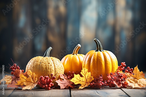 Autumn composition of pumpkins and maple leaves on wooden background. Generative AI