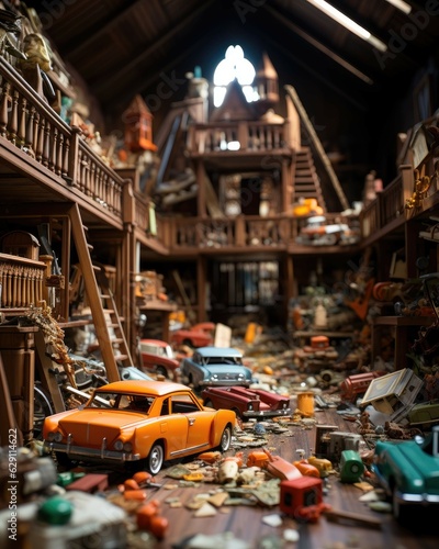 book cover depicting an old attic filled with nostalgic toys such as teddy bears, toy cars, dolls, balls, board games symbolizing a time that has passed. Ai Generated