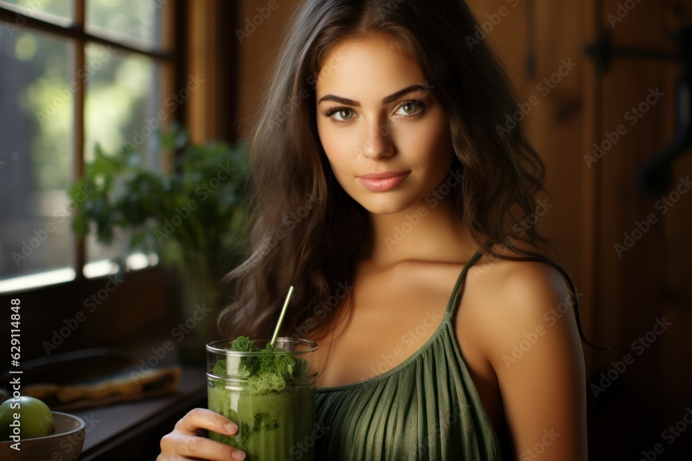 Happy young woman standing in the kitchen and holding a glass of detox water Cheerful young woman drinking a healthy smoothie at home Beautiful smiling woman drinking green vegetable juice Happy young woman standing in the kitchen and holding a glass of detox water Cheerful young woman drinking a healthy smoothie at home Beautiful smiling woman drinking green vegetable juice
