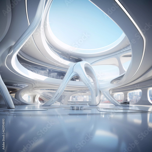Curved Abstract interior design 3D rendering of modern showroom Spacious. AI generated 
