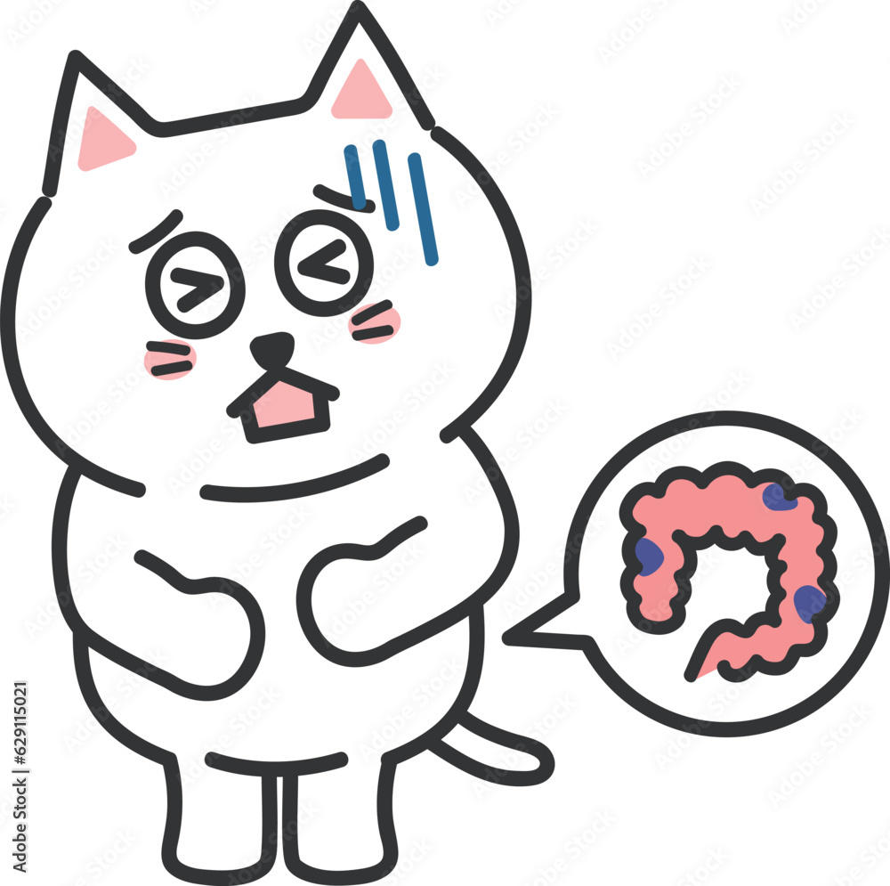 Cartoon white cat having lower abdominal pain, vector illustration. Cartoon white cat having lower abdominal pain, vector illustration.
