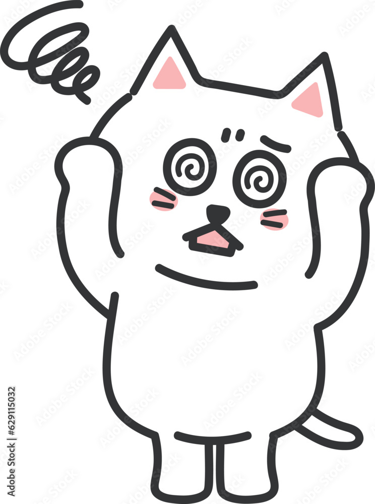White cartoon cat feels lightheaded, vector illustration. White cartoon cat feels lightheaded, vector illustration.