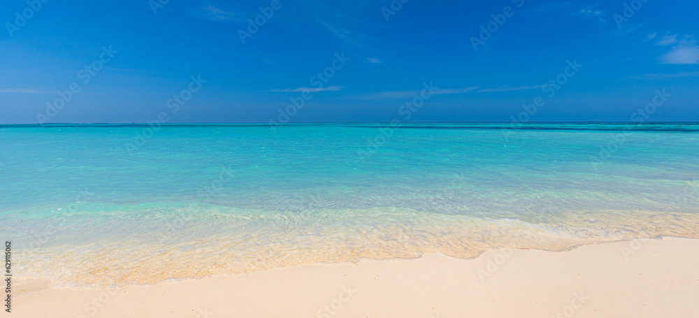 Closeup sea sand sky beach. Panoramic coast landscape. Inspire tropical Mediterranean beach seascape horizon.  Peaceful calm tranquil relaxing sunlight. Vacation travel banner minimalism copy space 