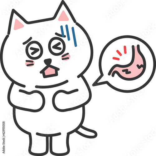 Cartoon white cat having a stomachache, vector illustration.
