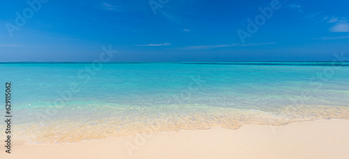 Closeup sea sand sky beach. Panoramic coast landscape. Inspire tropical Mediterranean beach seascape horizon. Peaceful calm tranquil relaxing sunlight. Vacation travel banner minimalism copy space 