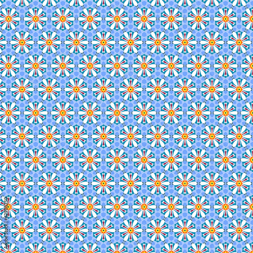 Simple romantic delicate floral pattern with white geometric mosaic daisies on a blue background