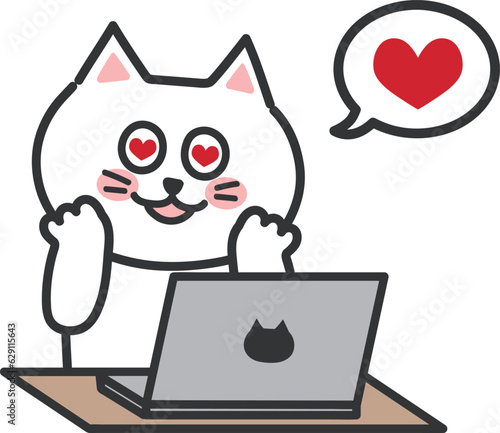 White cartoon cat being in love while using a computer, vector illustration.