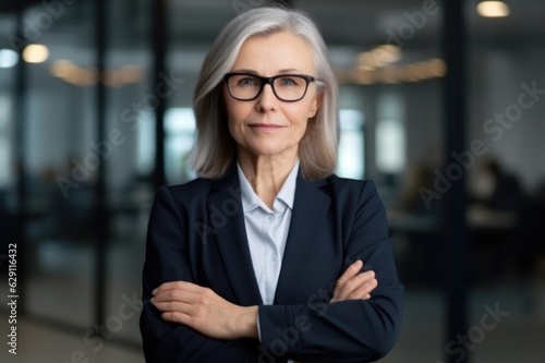 Mature female confident CEO leading big company, hands on arms, generative AI © sakkmesterke