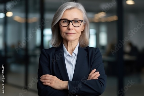 Mature female confident CEO leading big company, hands on arms, generative AI