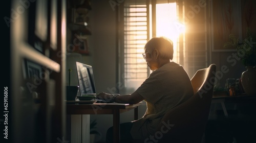 rear view of old retired asian female casual cloth working using computer at home sunset moment ,old woman sit at desk near window working freelance from home in evening,ai generate