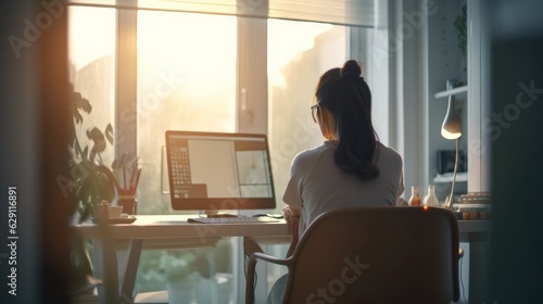 rear view of asian woman casual cloth working using computer at home sunset moment ,woman sit at desk near window working freelance from home in evening,ai generate