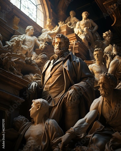 book cover illustrating an old attic filled with marble busts of historical figures, the silent guardians of forgotten histories. Ai Generated photo