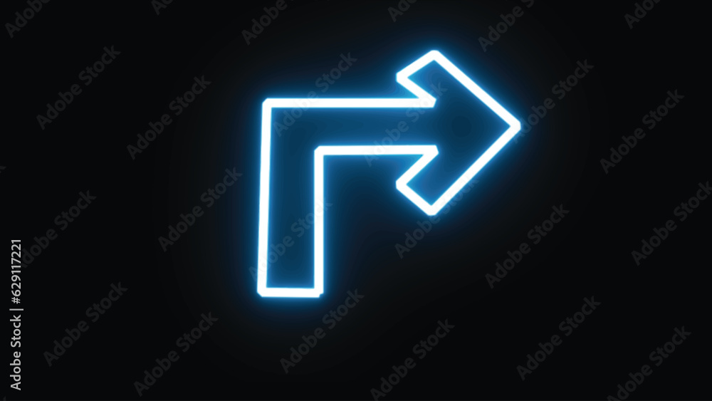 Traffic right blue neon signs, Turn right, arrow direction symbol. upward and right arrow sign . Direction traffic sign. Navigation concept. Vector illustration Traffic right blue neon signs, Turn right, arrow direction symbol. upward and right arrow sign . Direction traffic sign. Navigation concept. Vector illustration