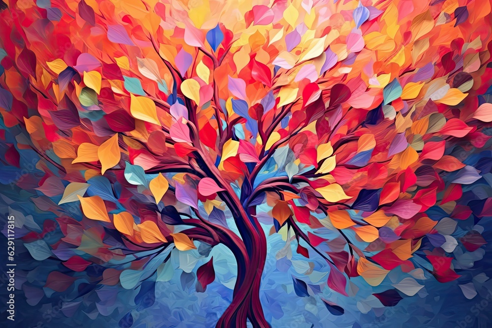 Illustration background of a colorful tree with vibrant leaves . Bright color abstraction wallpaper for interior mural painting , wall art decor, ai generated Illustration background of a colorful tree with vibrant leaves . Bright color abstraction wallpaper for interior mural painting , wall art decor, ai generated