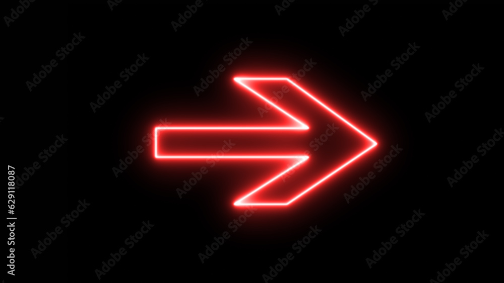 Red bright neon right abstract directional icon. vector, arrow, direction. neon glowing arrows. Direction banner. Futuristic light on black background. - obrazy, fototapety, plakaty 