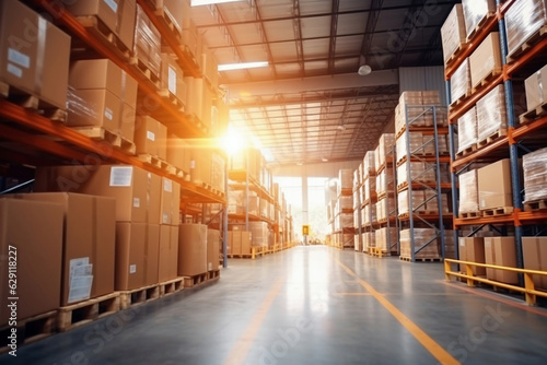 Interior of a modern warehouse. Large space for storing and moving goods. Logistics. Blurred background. The sun's rays fall through the windows into the warehouse. © Anoo