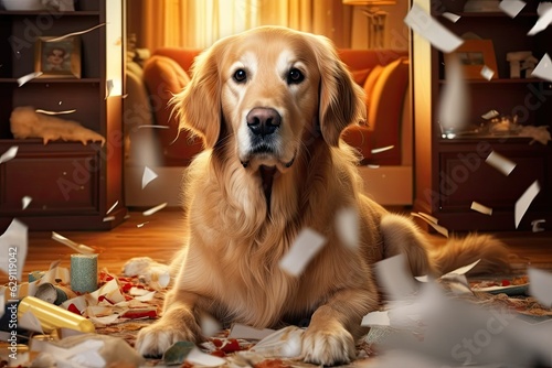 Golden retriever portrait . Mess in the house. Ai generated © mariof