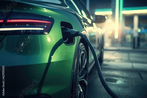 Electric car charging at a gas station in the city, industrial landscape, neon elements, healthy environment without harmful emissions. Eco concept
