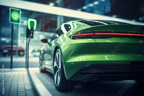 Electric car charging at a gas station in the city, industrial landscape, neon elements, healthy environment without harmful emissions. Eco concept © ChaoticMind
