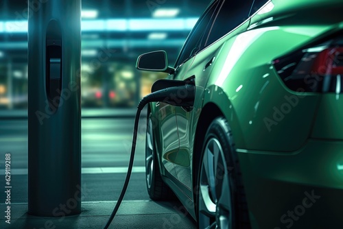 Electric car charging at a gas station in the city, industrial landscape, neon elements, healthy environment without harmful emissions. Eco concept