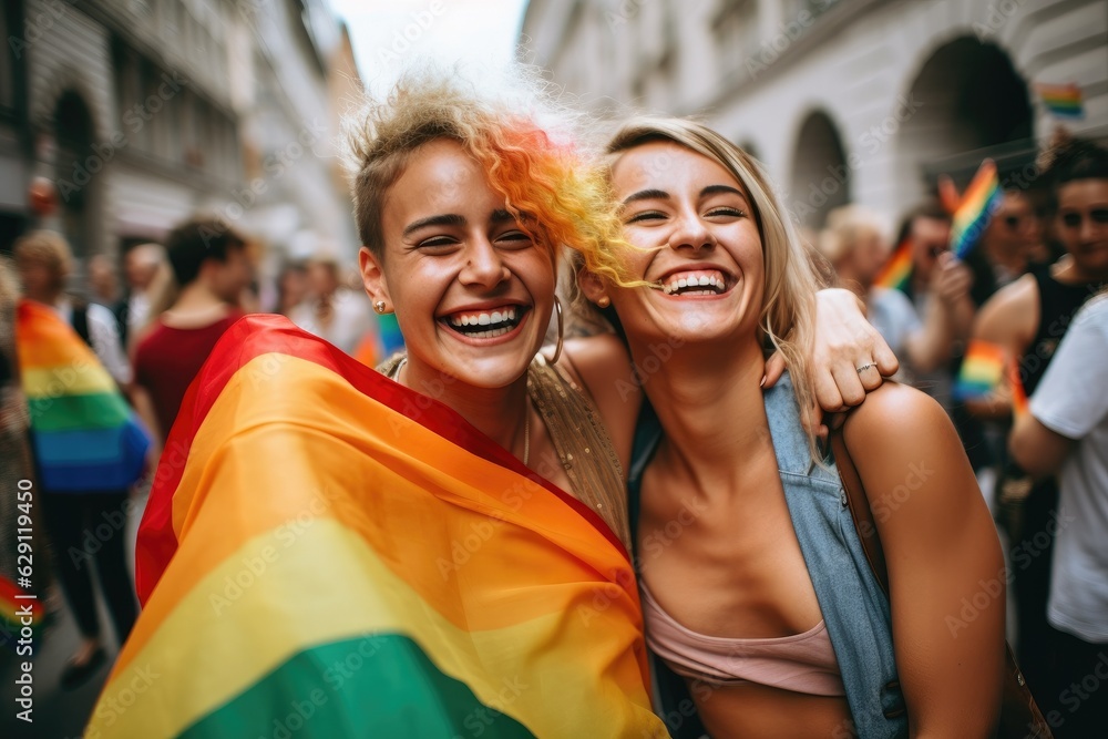 Two young women on the street attend gay pride with lgbt flag in hand