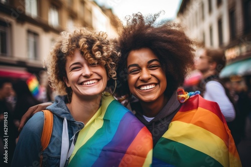 Two young women on the street attend gay pride with lgbt flag in hand