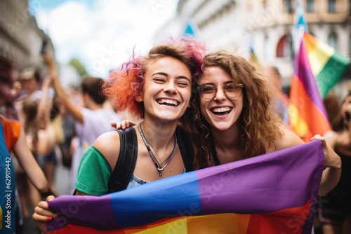 Two young women on the street attend gay pride with lgbt flag in hand