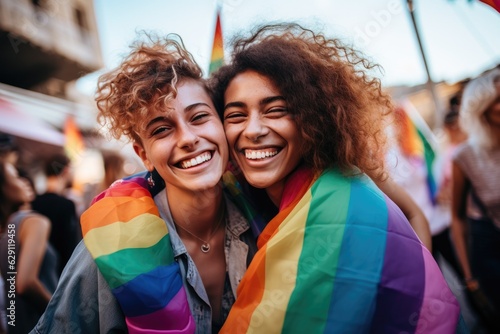 Two young women on the street attend gay pride with lgbt flag in hand © ChaoticMind