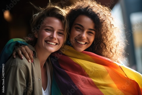 Two young women on the street attend gay pride with lgbt flag in hand