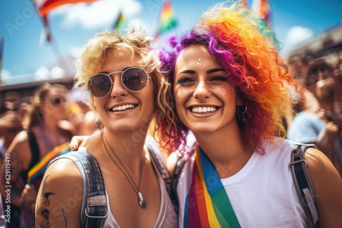 Two young women on the street attend gay pride with lgbt flag in hand