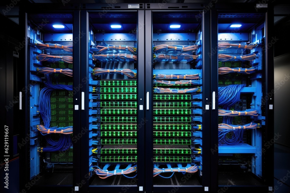 Working Data Center Full of Rack Servers and Supercomputers, Modern Telecommunications, Artificial Intelligence, Supercomputer Technology