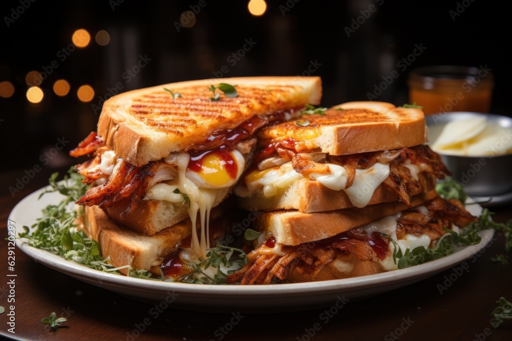 Grilled sandwiches with chicken and egg served with french fries Grilled sandwiches with chicken and egg served with french fries