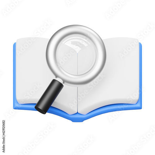 magnifying glass and book 3d illustration