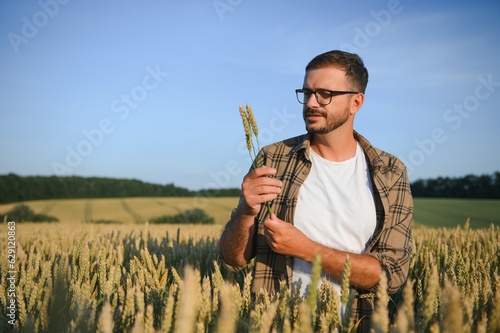 Farmer examining crops crouching in wheat farm