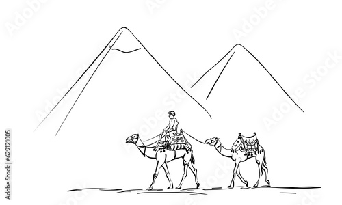 Sketch of caravan of two camels and one person walking in front of pyramids in Giza, Travel Egypt hand drawn illustration simple doodle