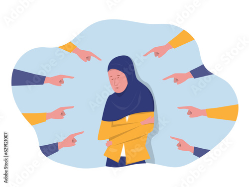 Bullying concept. Young upset Muslim Woman victim of harassment  which symbolizes touching and violence against women. Fingers pointing at a woman. Vector illustration 