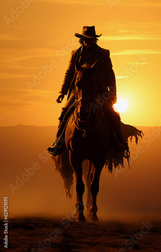 A cowboy rides a horse against the backdrop of a beautiful sunset.