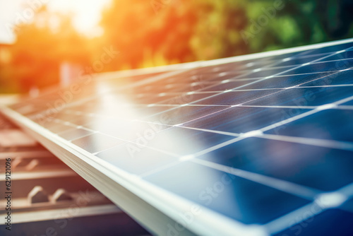 Close-up of solar panels on sun light flare