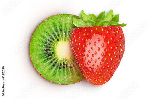 Kiwi and strawberries on an isolated white background. Whole and slices